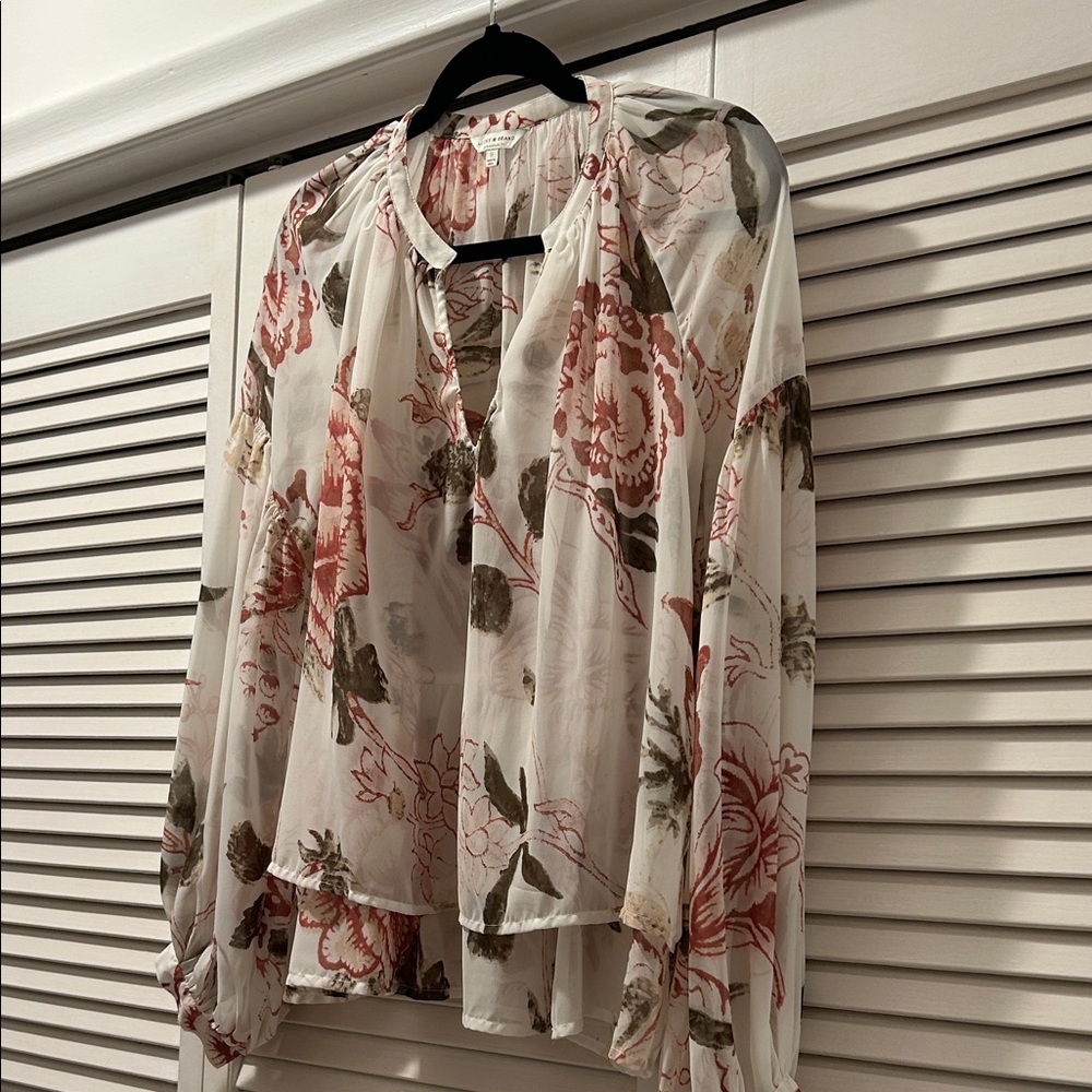 Lucky Brand Cream Floral Peasant Blouse with Rose and Olive Accents